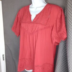 KNOX ROSE Women's Plus Size XXL Red Embroidered Eyelet V-Neck Top Shirt